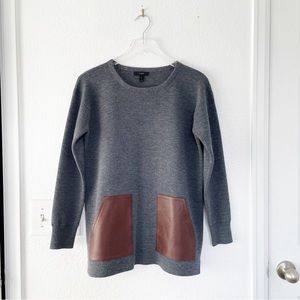 J. Crew merino wool grey sweater with brown leather pockets tunic women’s small